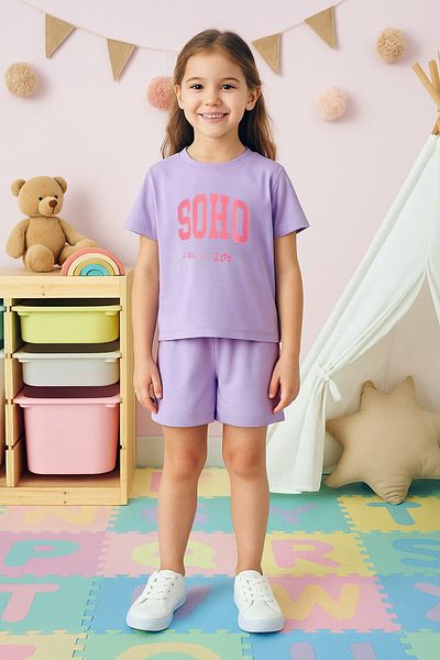 TRENDYOLKIDS Lilac Female Child 100% Cotton Slogan Printed Short Sleeve Knitted Bottom-Top Suit Tkdss25Au00144