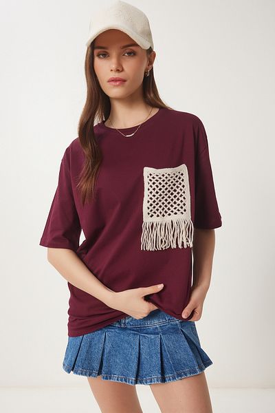 Happiness İstanbul Burgunderrotes Oversize-Strick-T-Shirt mit Stickerei und Taschen für Damen ZV00277