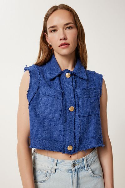 Happiness İstanbul Women's Cobalt Blue Stylish Button Crop Tweed Vest Wf00144