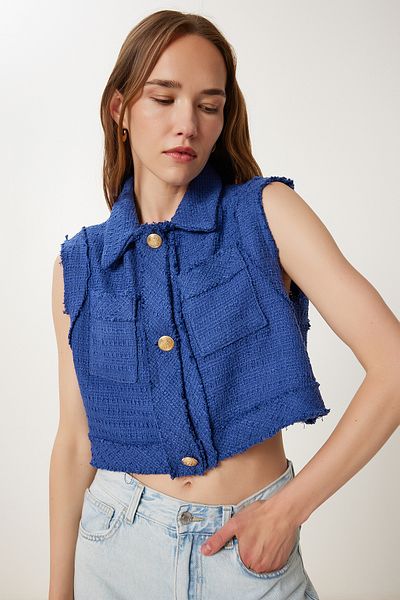 Happiness İstanbul Women's Cobalt Blue Stylish Button Crop Tweed Vest Wf00144