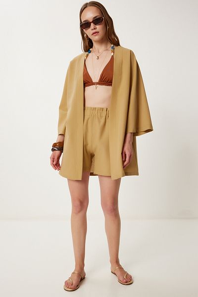 Happiness İstanbul Damen-Kimono-Shorts-Set aus Kamelleder WF00105