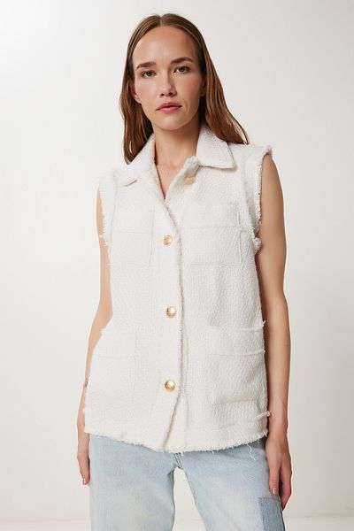 Happiness İstanbul Damen-Tweedweste mit Knochen und Knöpfen WF00127
