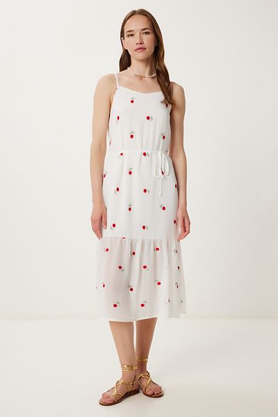 Happiness İstanbul Women's Ecru Red Floral Embroidered Summer Chiffon Dress Tp00051