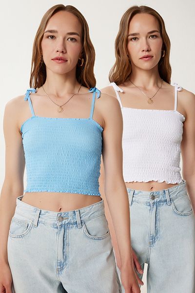 Happiness İstanbul Women's Sky Blue White 2 Pack Strap Stretch Crop Knitted Blouse Wf00157