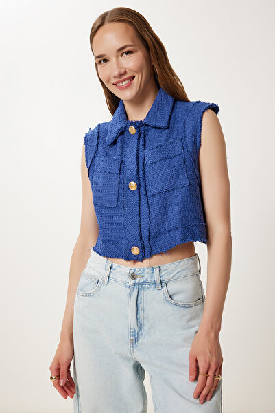 Happiness İstanbul Women's Cobalt Blue Stylish Button Crop Tweed Vest Wf00144