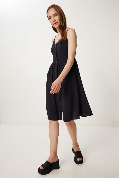Happiness İstanbul Women's Black Strap Button Summer Ayrobin Dress Gx00007