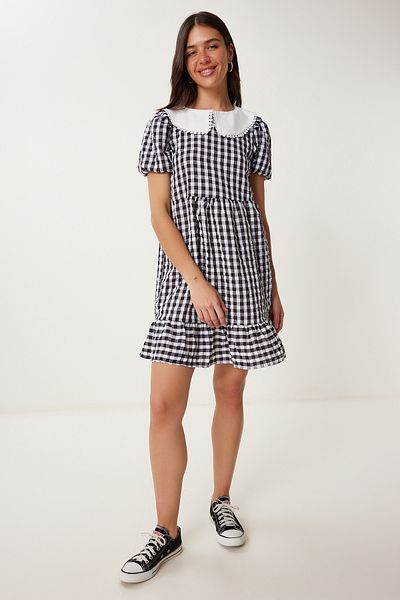 Happiness İstanbul Women's Black Checkered Summer Mini Woven Dress Tp00058