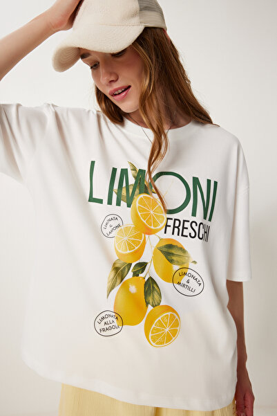 Happiness İstanbul Women's Ecru Lemon Printed Cotton Knitted T-Shirt Yy00240