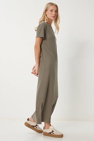 Happiness İstanbul Dámské khaki základní letní modal šaty SJ00002
