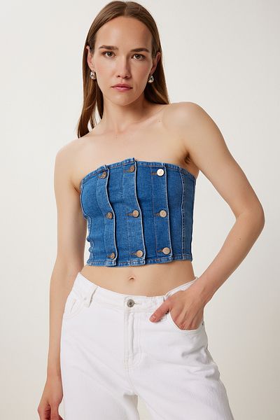 Happiness İstanbul Dunkelblaues, trägerloses Jeans-Bustier mit Knopfdetail für Damen FG00033