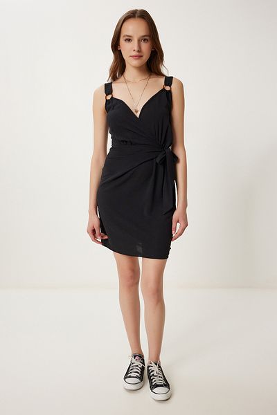 Happiness İstanbul Women's Black Strap Summer Mini Ayrobin Dress Gx00008