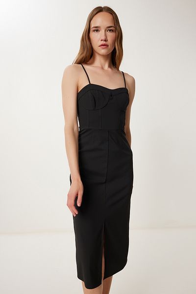 Happiness İstanbul Women's Black Strap Slit Midi Woven Dress Wf00146