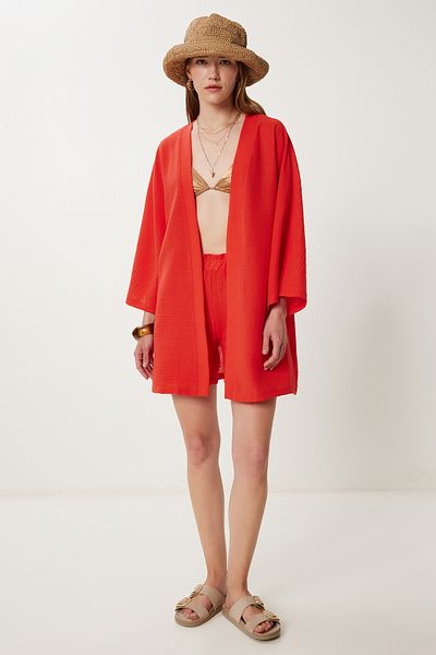 Happiness İstanbul Orangefarbenes Leinen-Kimono-Shorts-Set für Damen WF00105
