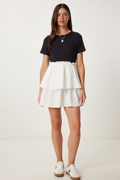 Happiness İstanbul Women's Black Ecru Ribbed Knitted Top Layered Poplin Skirt Dress Tp00056