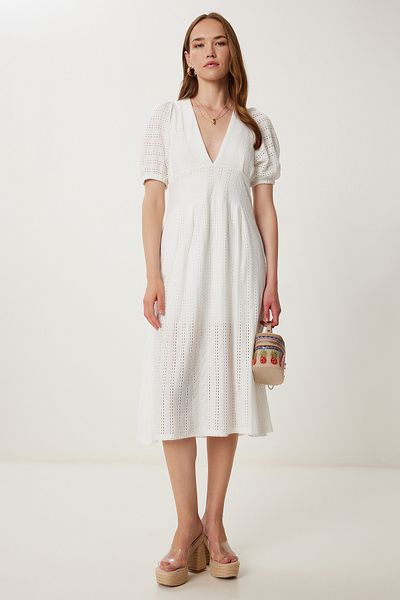 Happiness İstanbul Women's Ecru Openwork Summer Midi Knitted Dress Tp00050