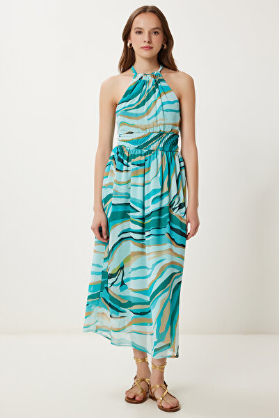 Happiness İstanbul Γυναικείο Πράσινο Μπεζ Μίντι Φόρεμα σιφόν με σχέδιο FG00029