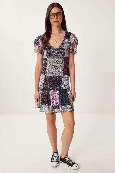 Happiness İstanbul Women's Black Pink Ethnic Patterned Summer Chiffon Dress Tp00057