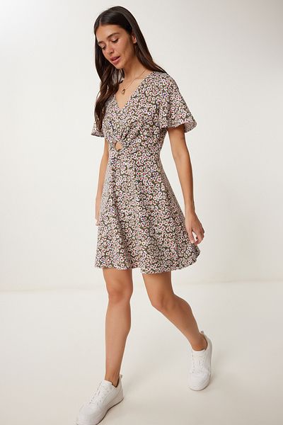 Happiness İstanbul Khakifarbenes florales Sommer-Mini-Leinenkleid für Damen FK00034