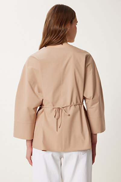 Happiness İstanbul Kadın Bej Bağlama Detaylı Mevsimlik Poplin Bluz WF00132