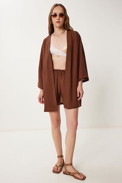 Happiness İstanbul Braunes Leinen-Kimono-Shorts-Set für Damen WF00105