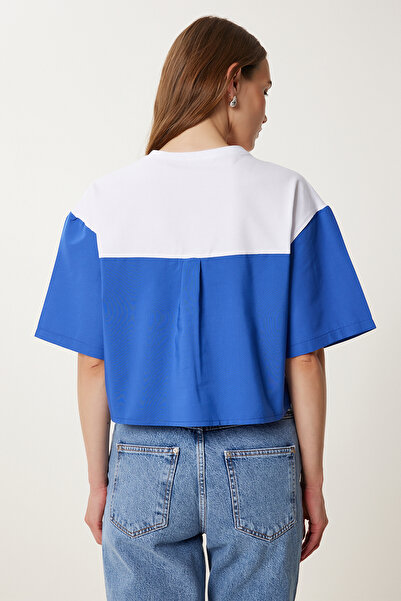 Happiness İstanbul Dámské modrobílé pletené tričko s květinovým detailem TP00085