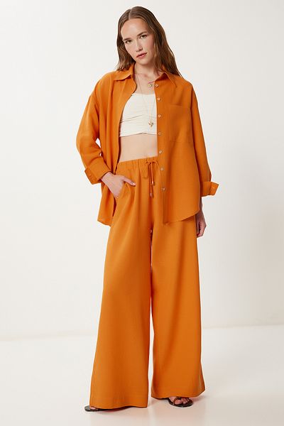 Happiness İstanbul Orangefarbener Oversize-Leinenhemden-Hosenanzug für Damen WF00118
