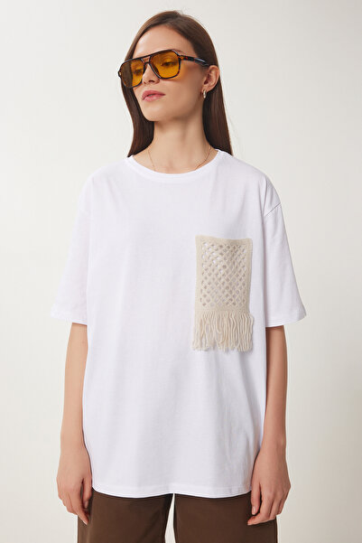 Happiness İstanbul Dámské bílé oversize vyšívané kapesní pletené tričko ZV00277