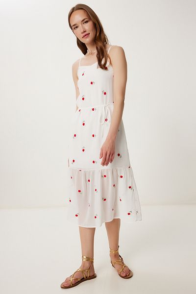 Happiness İstanbul Women's Ecru Red Floral Embroidered Summer Chiffon Dress Tp00051