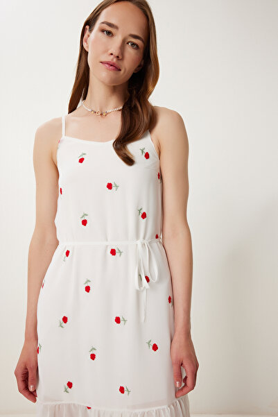 Happiness İstanbul Ecru-rotes, mit Blumen besticktes Sommer-Chiffon-Kleid für Damen TP00051