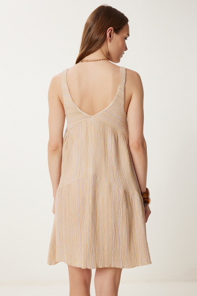 Happiness İstanbul Rochie tricotată de vară în linie A de culoare crem - Guler adunat WF00079