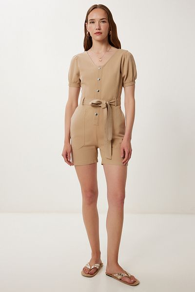 Happiness İstanbul Women's Beige Belted Mini Gabardine Jumpsuit Wf00112