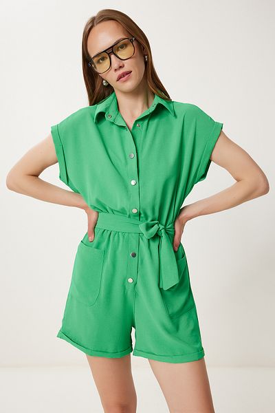 Happiness İstanbul Women's Green Polo Neck Mini Woven Jumpsuit Pb00037