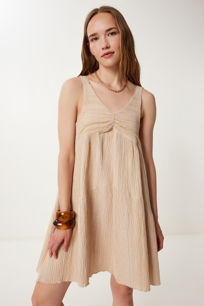 Happiness İstanbul Rochie tricotată de vară în linie A de culoare crem - Guler adunat WF00079