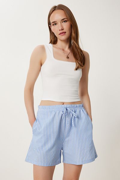 Happiness İstanbul Himmelblaue gestreifte Freizeitshorts für Damen PB00036