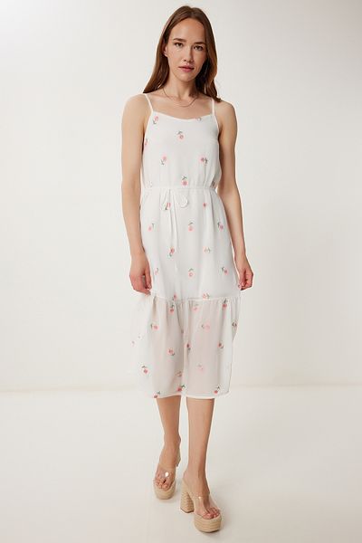 Happiness İstanbul Women's Ecru Pink Floral Embroidered Summer Chiffon Dress Tp00051