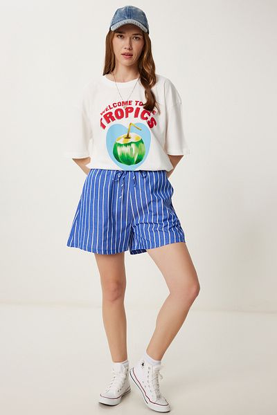 Happiness İstanbul Dunkelblau gestreifte Freizeitshorts für Damen PB00036