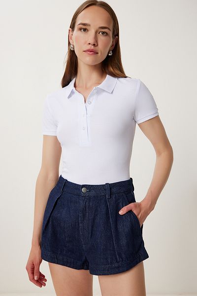 Happiness İstanbul Women's White Polo Neck Knitted T-Shirt Fk00039
