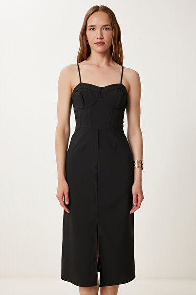 Happiness İstanbul Kadın Siyah Askılı Yırtmaçlı Midi Dokuma Elbise WF00146