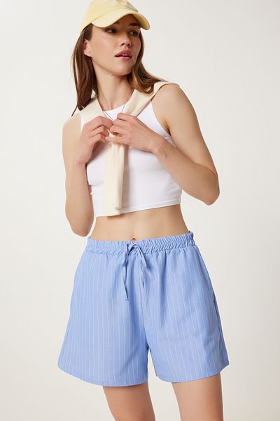 Happiness İstanbul Women's Blue Striped Casual Shorts Pb00036