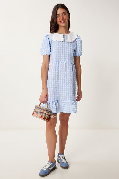 Happiness İstanbul Rochie mini țesută de vară în carouri albastru cer pentru femei TP00058