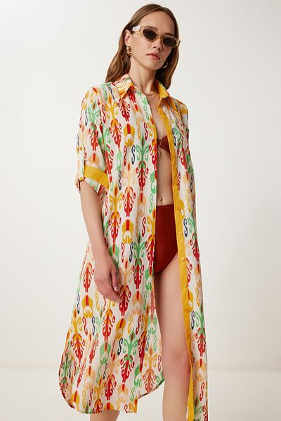 Happiness İstanbul Rochie cămașă midi de vară cu model os galben WF00114