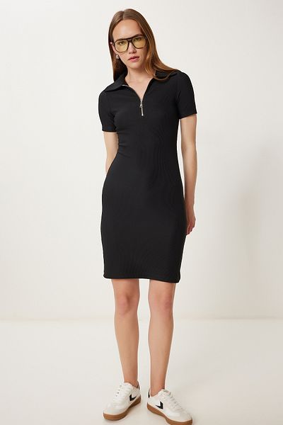 Happiness İstanbul Women's Black Zippered Stretchy Ribbed Knitted Dress Pb00033