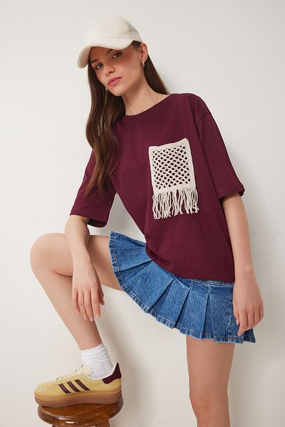 Happiness İstanbul Burgunderrotes Oversize-Strick-T-Shirt mit Stickerei und Taschen für Damen ZV00277