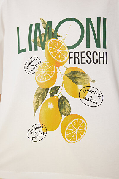 Happiness İstanbul Women's Ecru Lemon Printed Cotton Knitted T-Shirt Yy00240