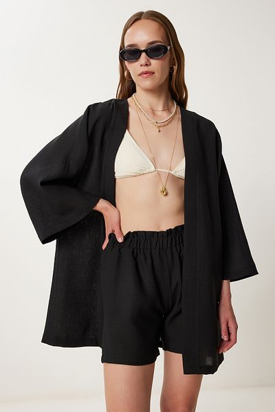 Happiness İstanbul Women's Black Linen Kimono Shorts Set Wf00105