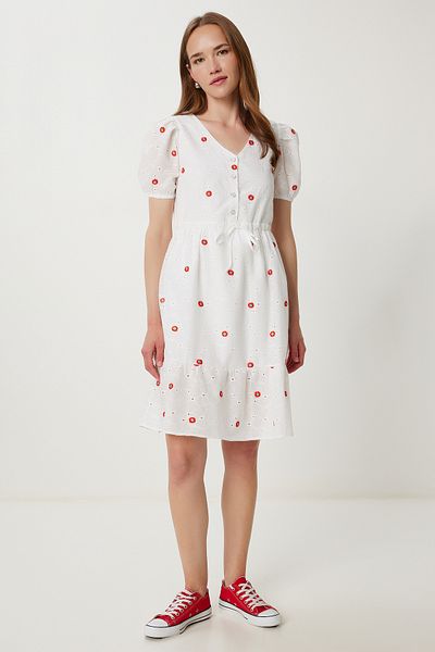 Happiness İstanbul Women's Ecru Red Scalloped Floral Embroidered Summer Dress Tp00060
