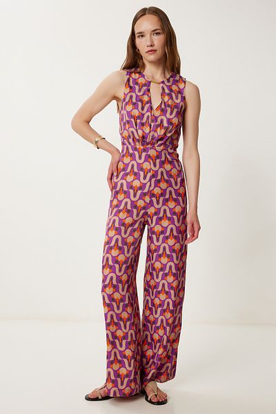 Happiness İstanbul Women's Beige Purple Patterned Satin Surface Jumpsuit Wf00122
