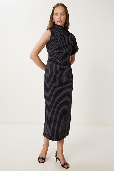 Happiness İstanbul Rochie de damă neagră cu dungi drapate cu fantă WF00155