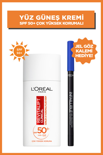 L'Oreal Paris Revitalift Clinical Spf 50+ Günlük Yüksek Uv Korumalı Yüz Güneş Kremi 50ml + Mavi Jel Göz Kalemi