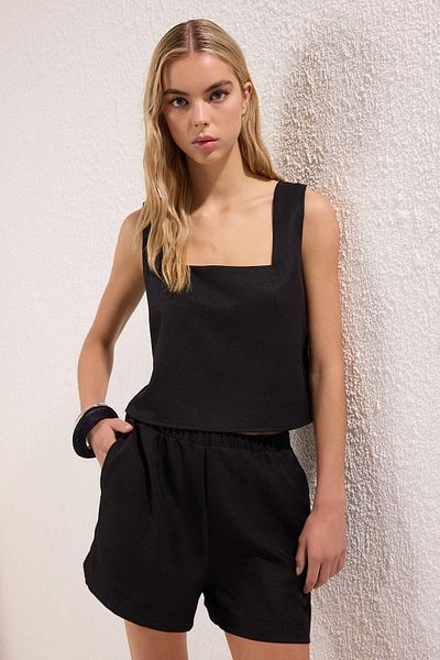 Trendyol Collection Black Linen Look Woven Bottom-Top Set Twoss25Au00114